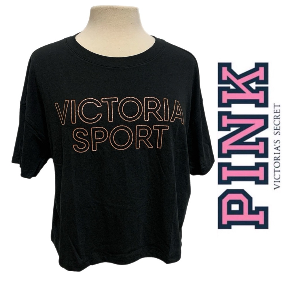 Victoria Sport Black Oversized Crop Top with Glitter‎ Print 6013